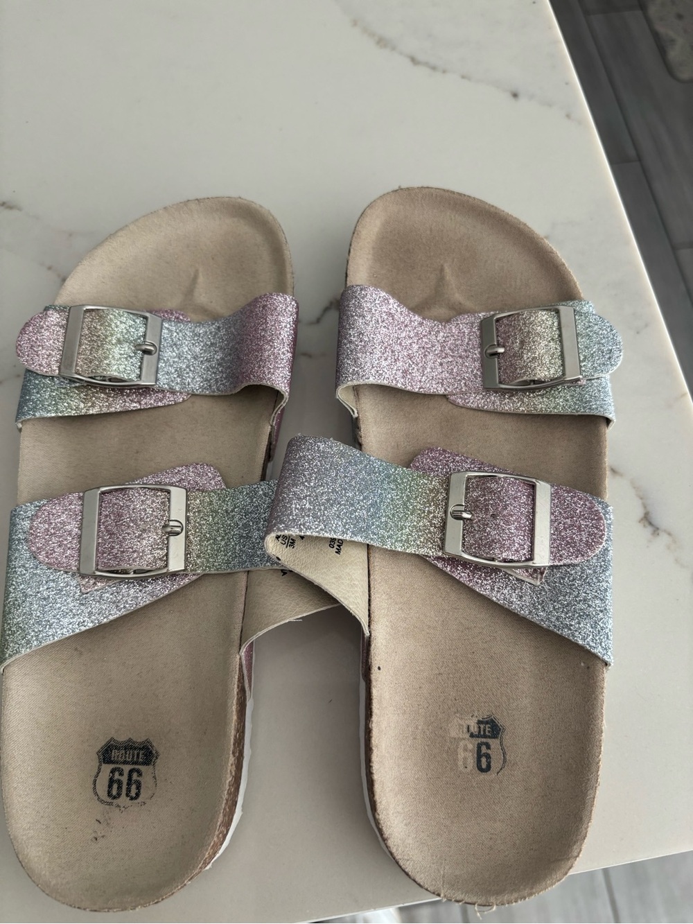 Route 66 Pastel Glitter Double-Buckle Slide Sandals
